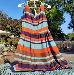 Colorful Striped V-Neck Mini Dress Gathered Skirt